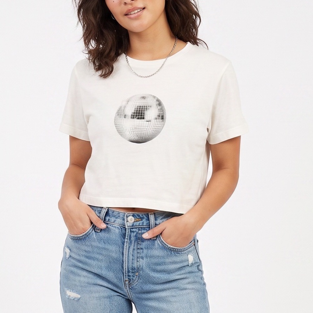 Sugar Flower Crop Top Womens S White Disco Ball Graphic Excellent